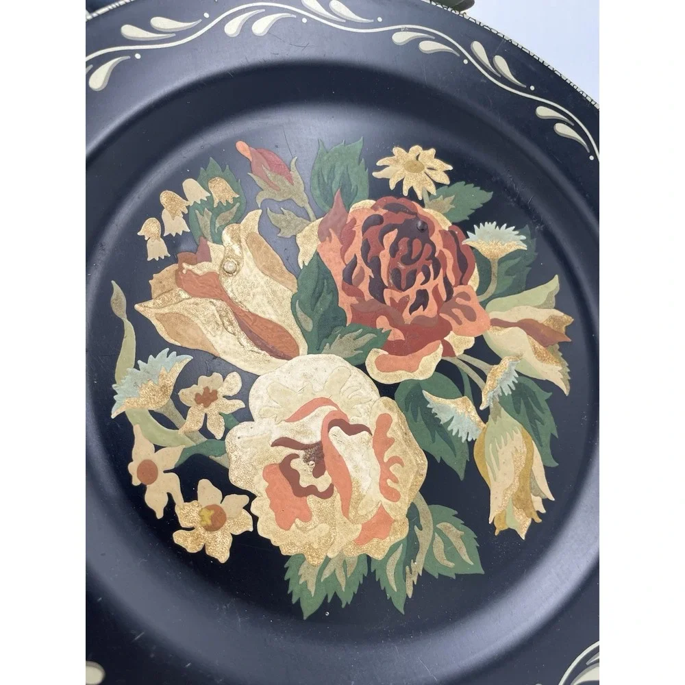 Vintage Toleware Plate Black Wall Pocket Hand Paint‎ Roses w/Succulent Florals
